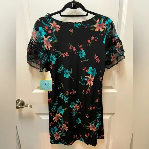 CeCe Expressive Lillies Ruffle Sleeve Black Dress - Picture 2 of 5